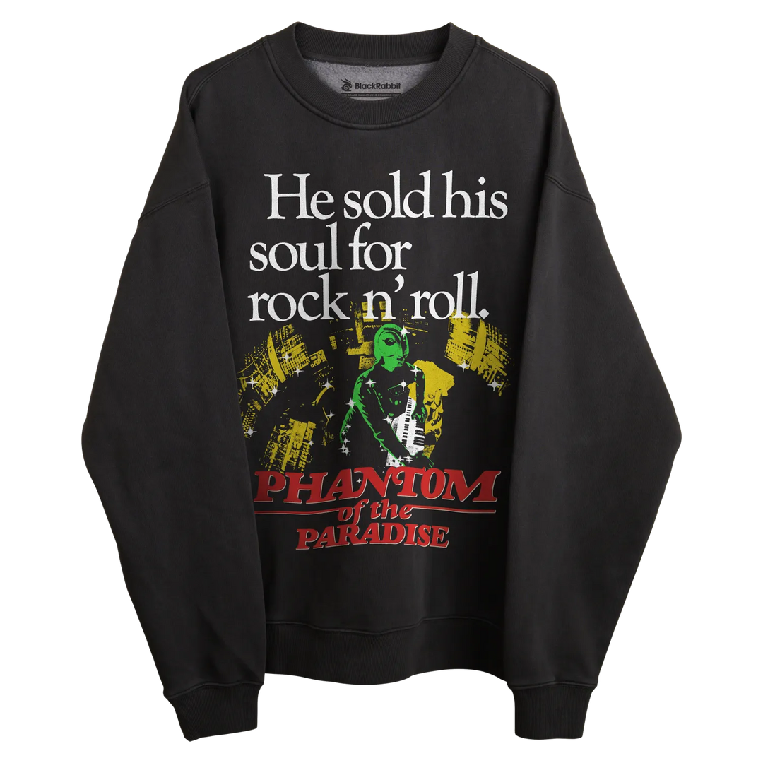 Black sweatshirt with ’phantom of the paradise’ graphic and text.