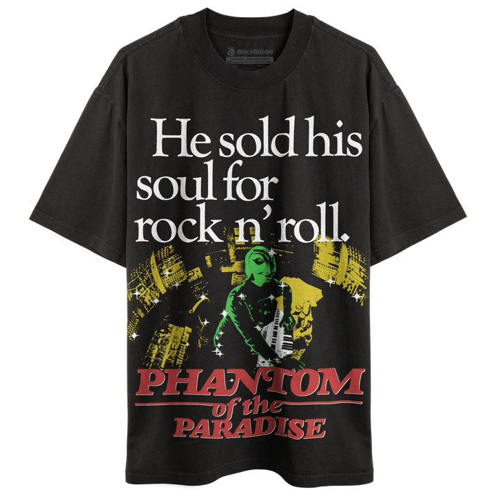 Black graphic t-shirt with a green masked figure playing guitar, cityscapes, and ’PHANTOM of the PARADISE’ text.