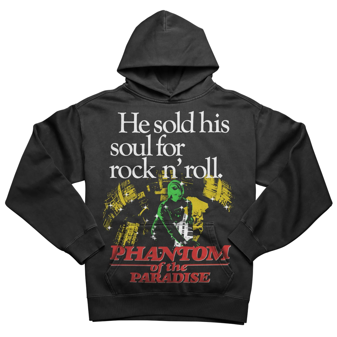 Black hooded sweatshirt with a graphic print.
