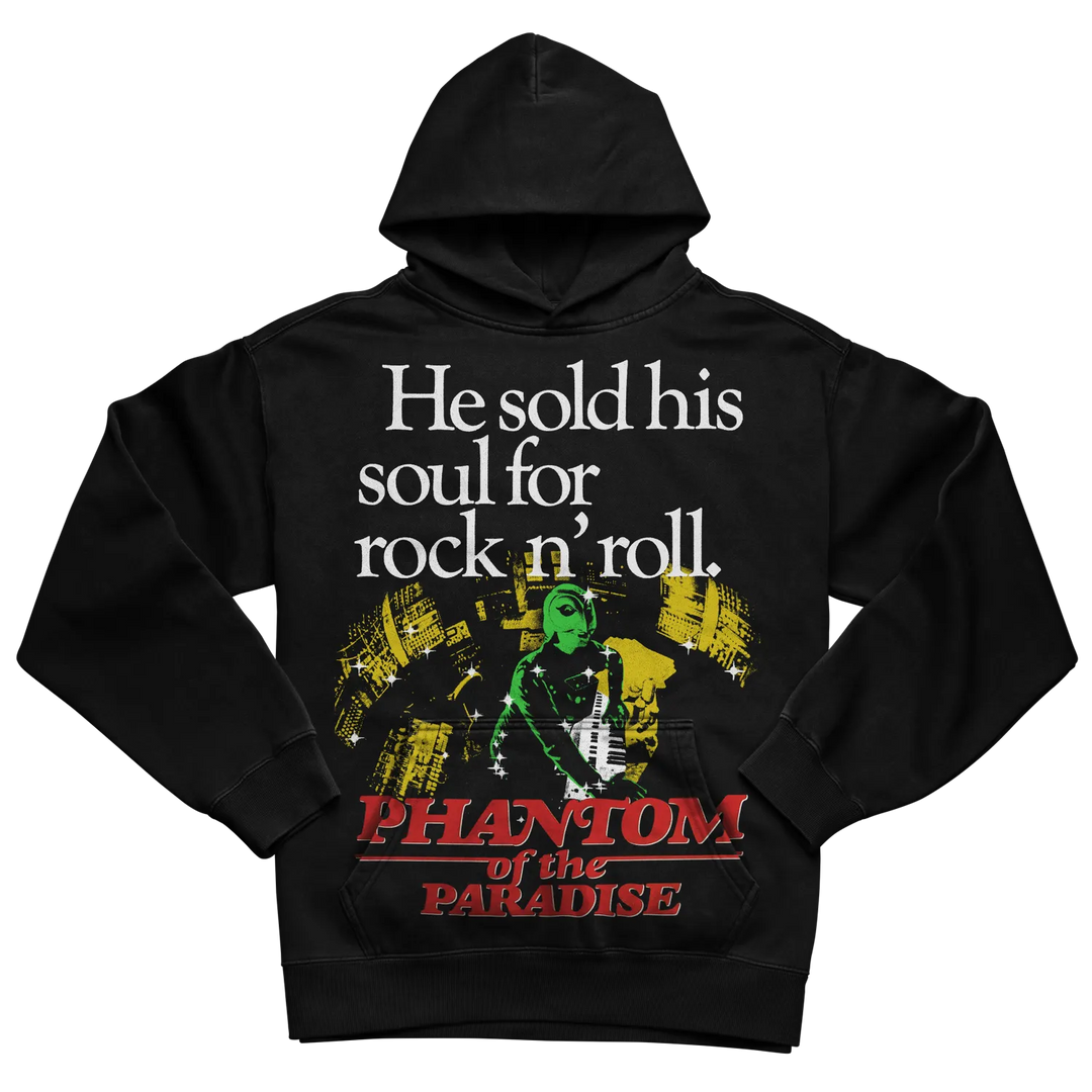 Black hoodie with ’phantom of the paradise’ graphic and text design.