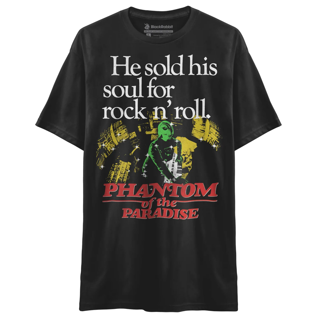 Black t-shirt with a colorful graphic print.