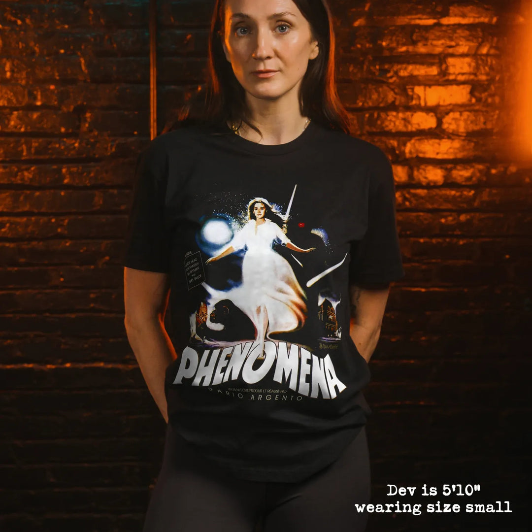 model wear soft premium tee with Phenomena graphic
