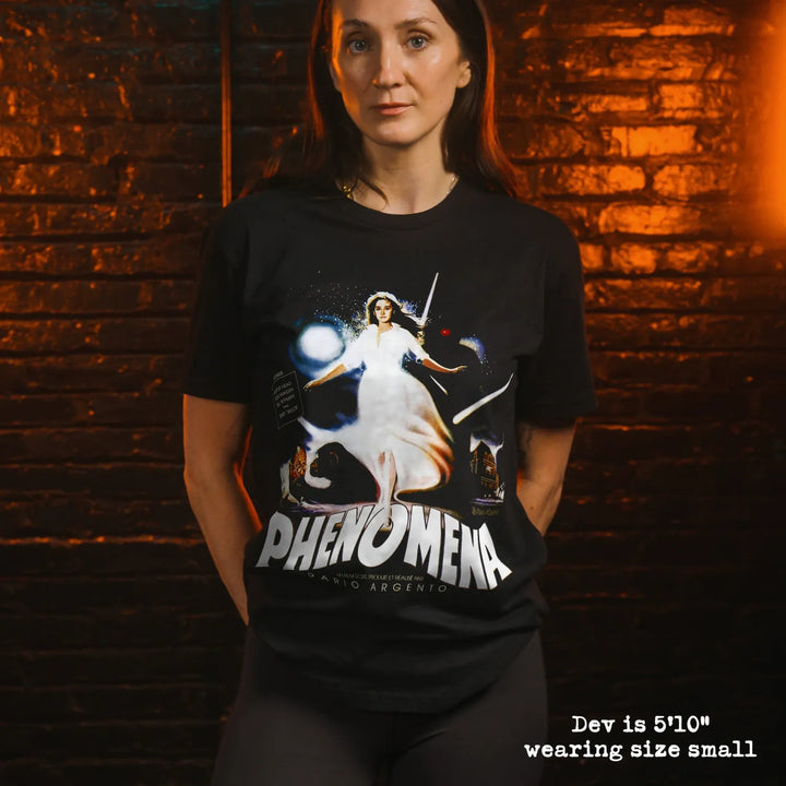 model wear soft premium tee with Phenomena graphic
