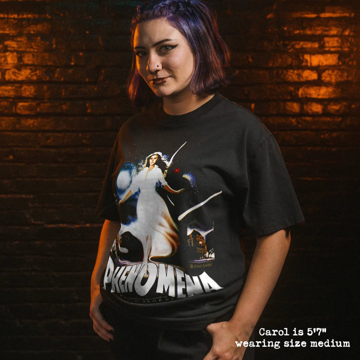 Model wearing heavy tee with phenomena graphic 