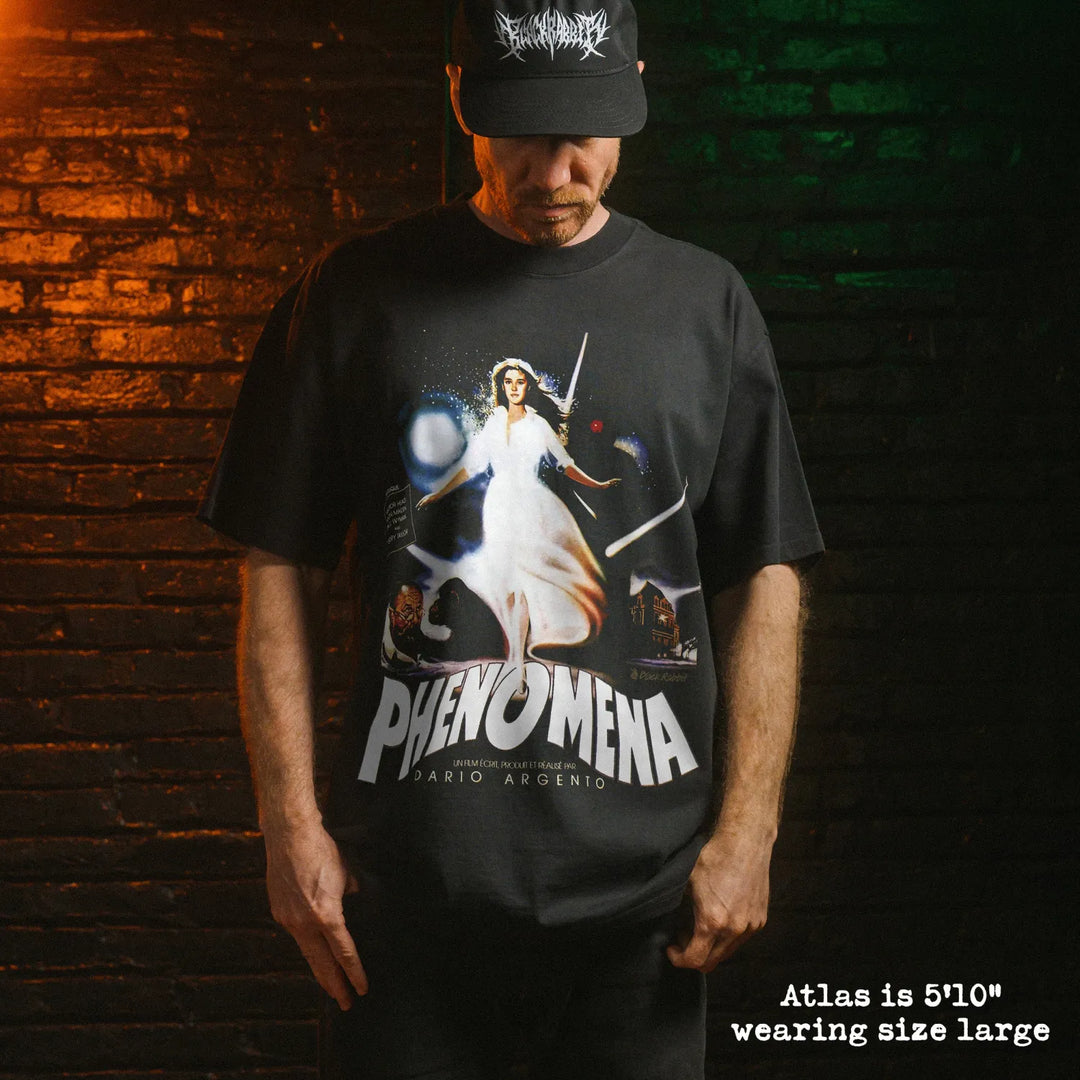 Model wearing heavy tee with phenomena graphic 