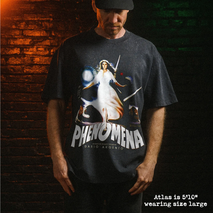 Male model wearing heavy stone washed tee with phenomena graphic. 