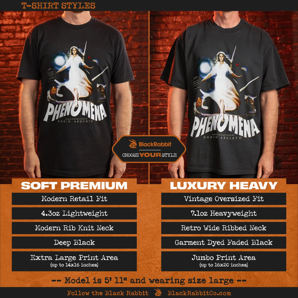 Two men modeling black ’Phenomena’ graphic t-shirts of different styles.