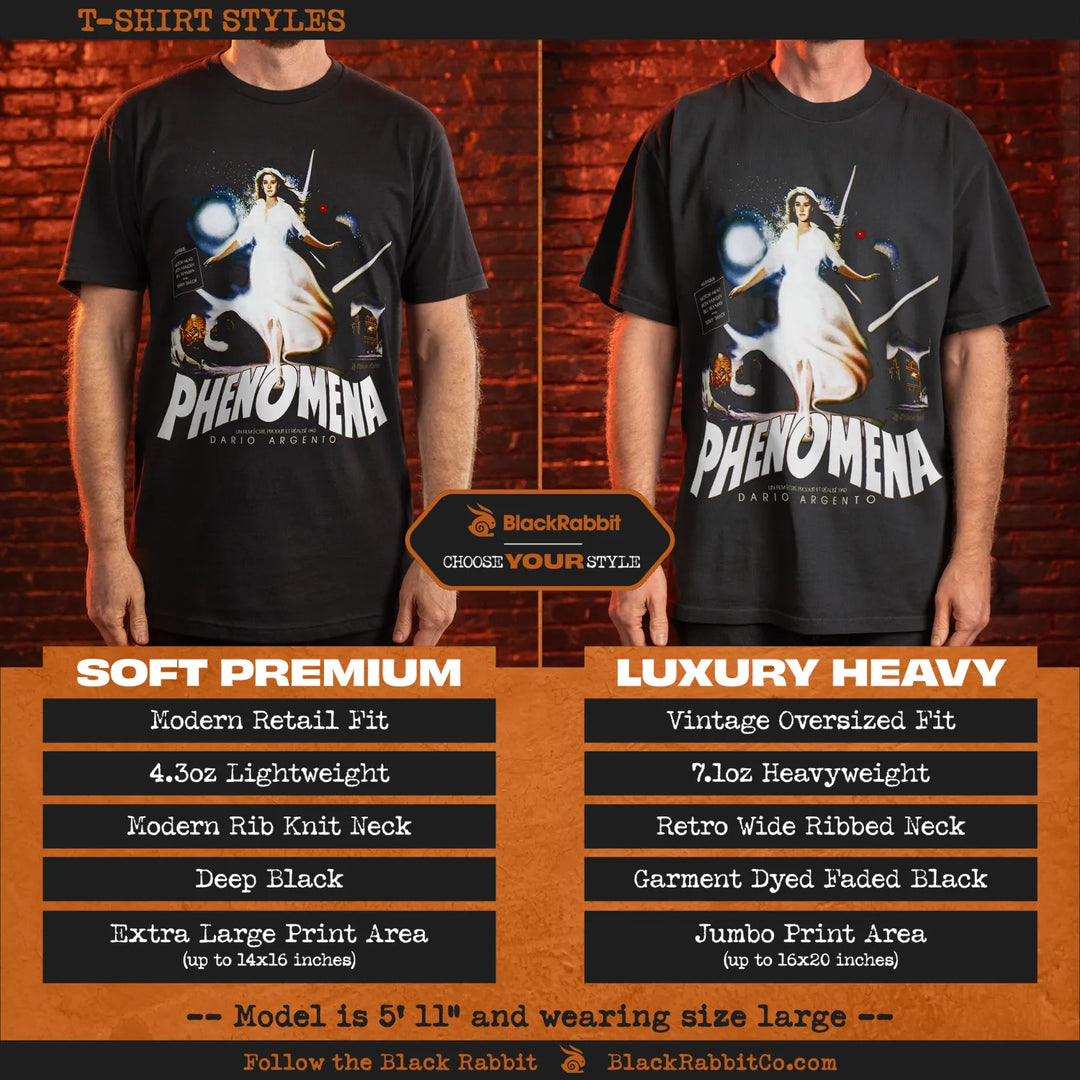 Two men modeling black ’Phenomena’ graphic t-shirts of different styles.