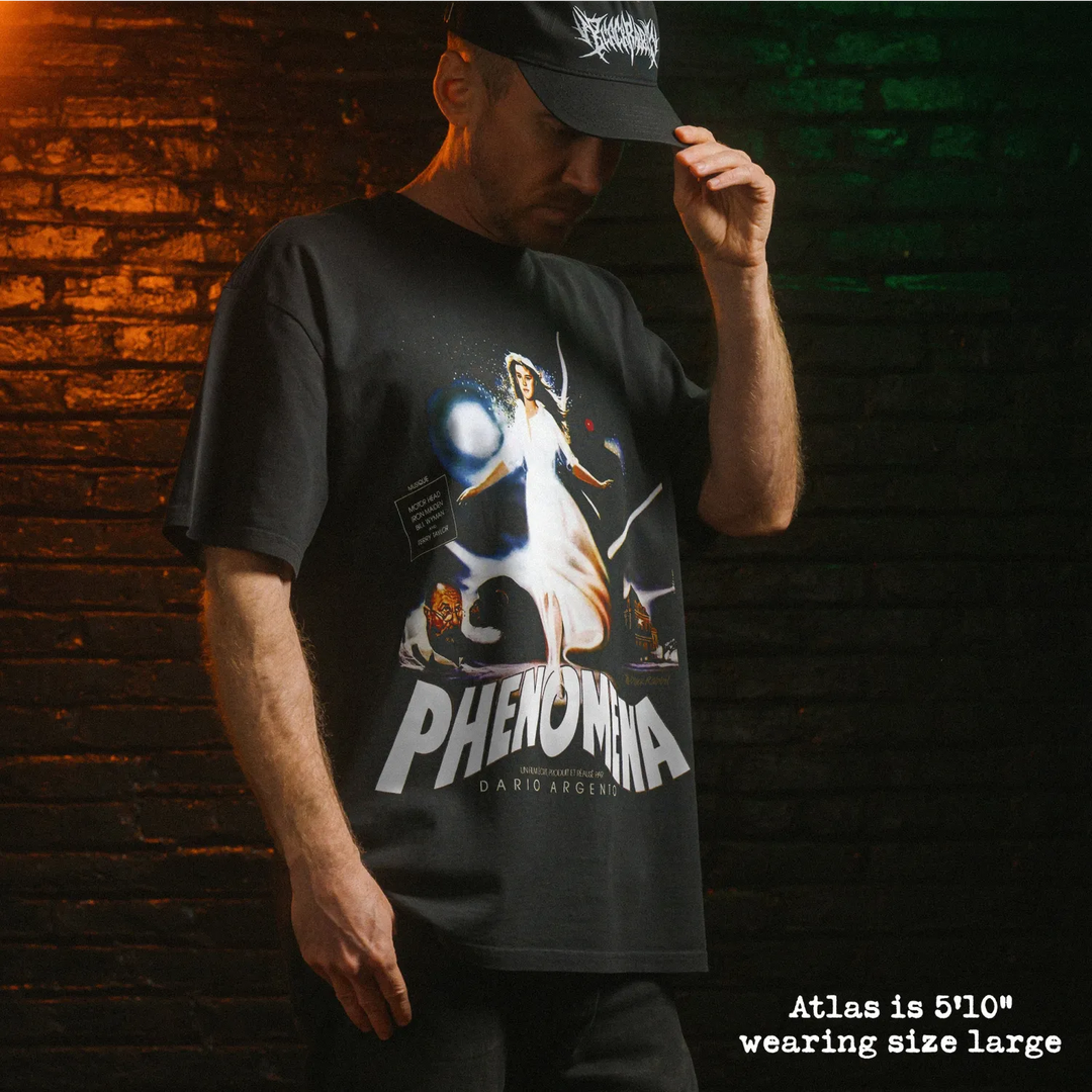 Model wearing heavy tee with phenomena graphic 