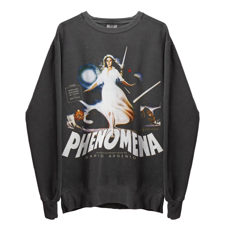 A dark grey long-sleeved crewneck sweatshirt with a colorful graphic print of a woman in a white dress, the movie title ’PHENOMENA,’ and ’DARIO ARGENTO’ at the bottom.
