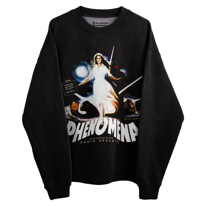 Black sweatshirt with white graphic design featuring a woman in flight, stars and cosmic elements.