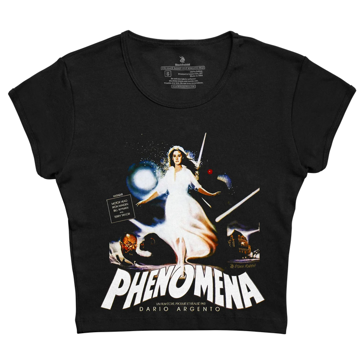 Black short-sleeved t-shirt featuring a graphic print of the movie ’phenomena’ with a woman in a white dress holding a sword against cosmic and horror-themed imagery.