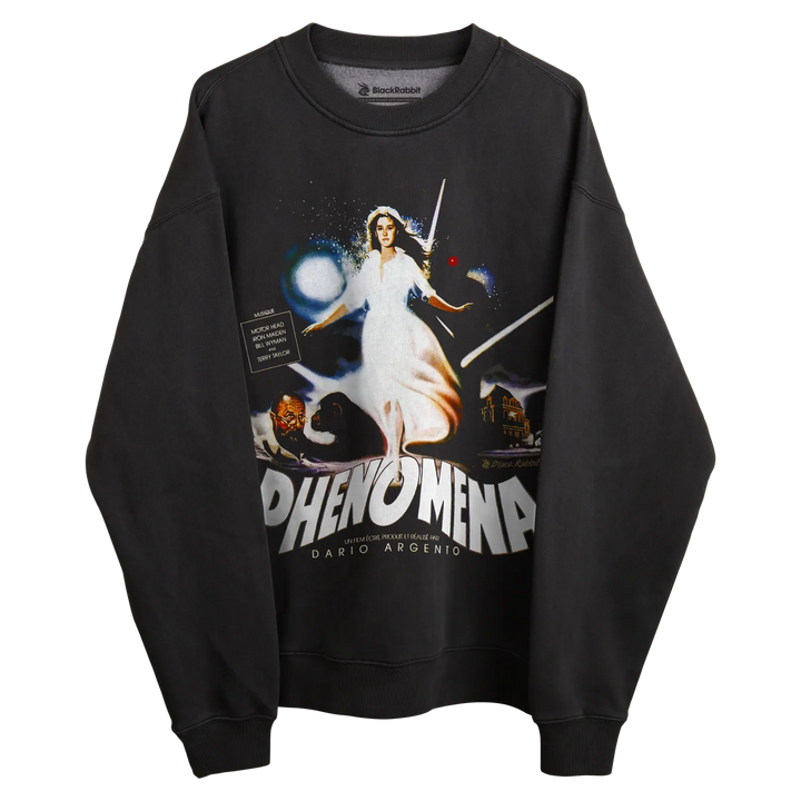 Black sweatshirt with ’phenomena’ graphic design featuring a woman in white.