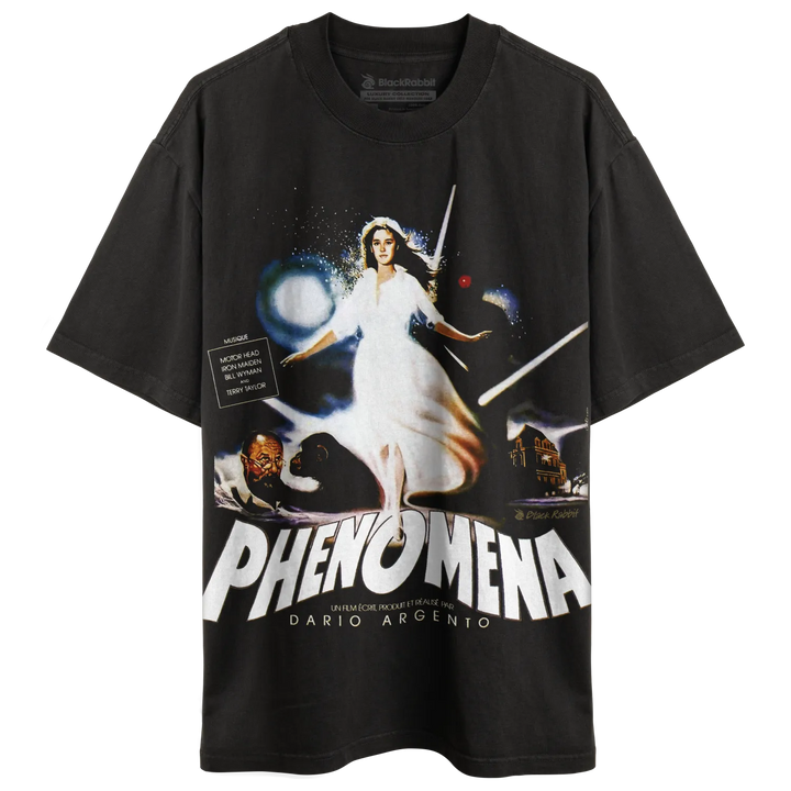 Black short-sleeve t-shirt with a ’Phenomena’ movie poster graphic.