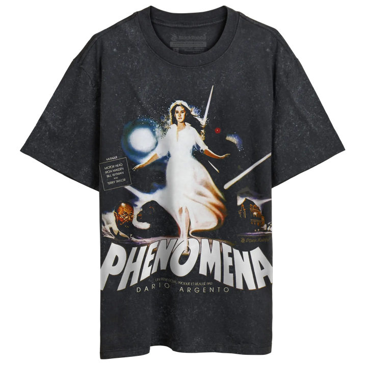 Black t-shirt with a vintage ’Phenomena’ movie poster graphic.