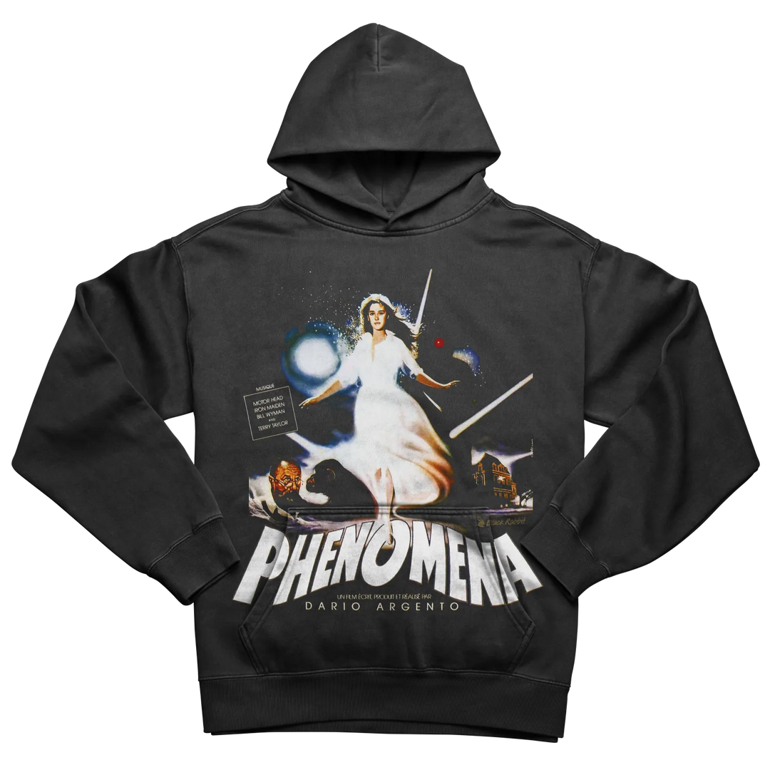 Black hoodie with a vivid graphic print of a woman in a white dress from the movie ’Phenomena.’