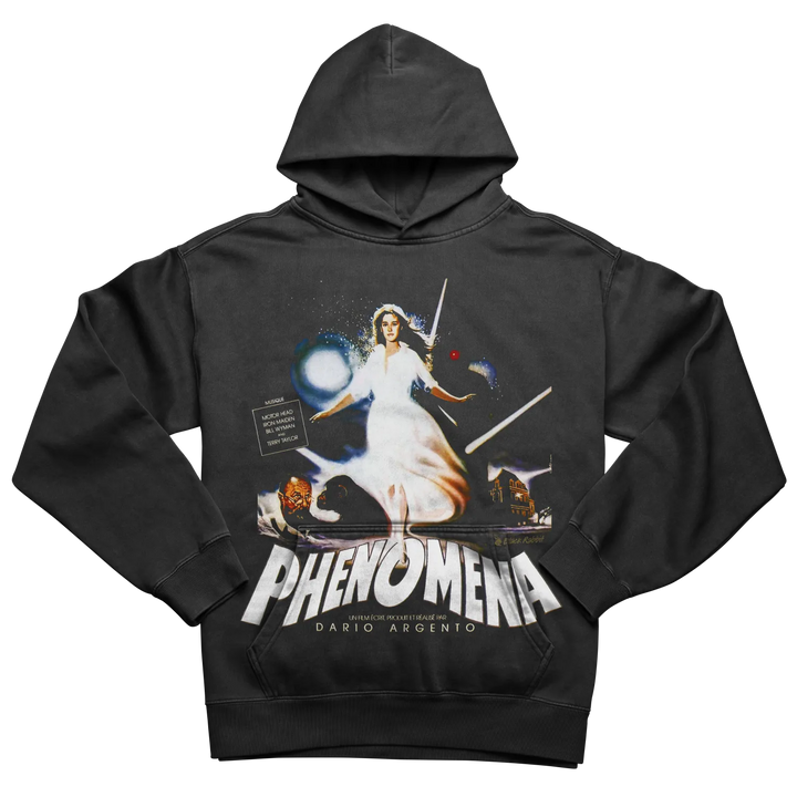 Black hoodie with a vivid graphic print of a woman in a white dress from the movie ’Phenomena.’