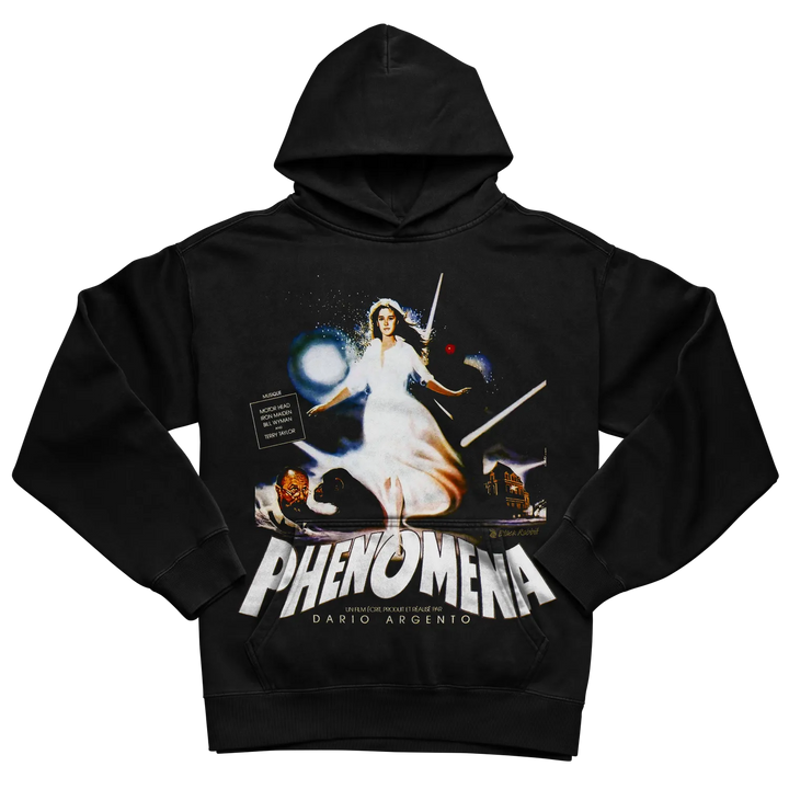 Black hooded sweatshirt with ’phenomena’ graphic design featuring a woman in white.