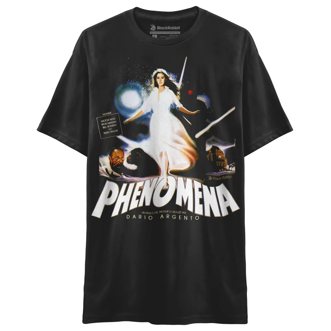 A black short-sleeved t-shirt with a colorful movie poster graphic on the front.