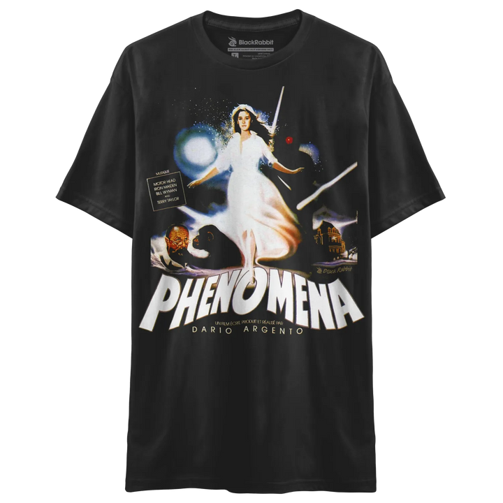 A black short-sleeved t-shirt with a colorful movie poster graphic on the front.