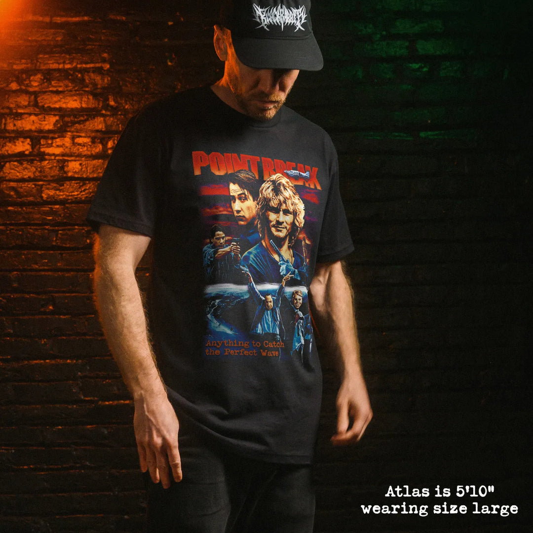 Male model wear soft premium tee with point break graphic
