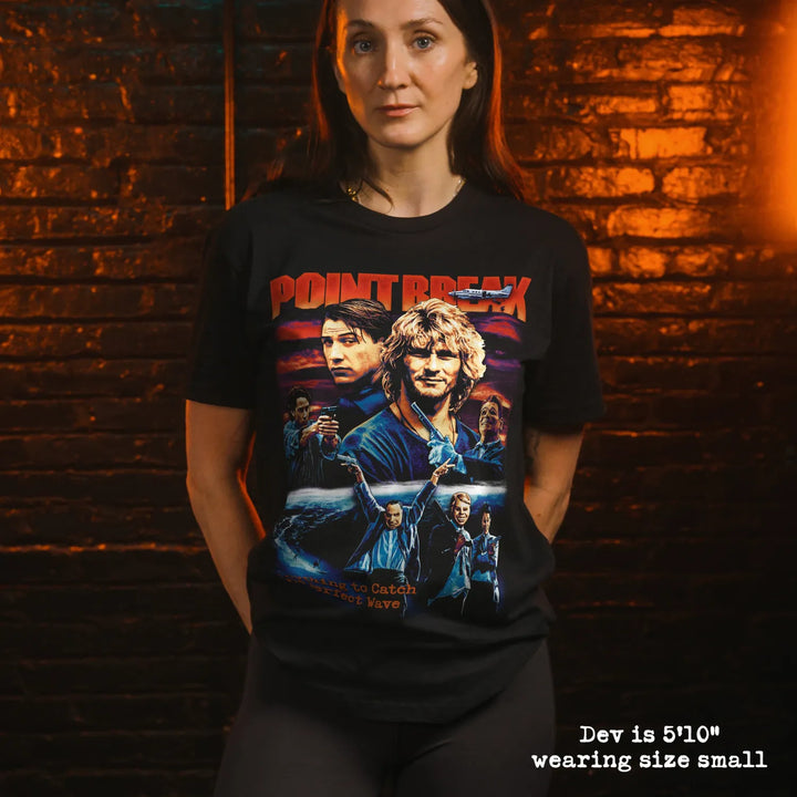 model wear soft premium tee with point break graphic
