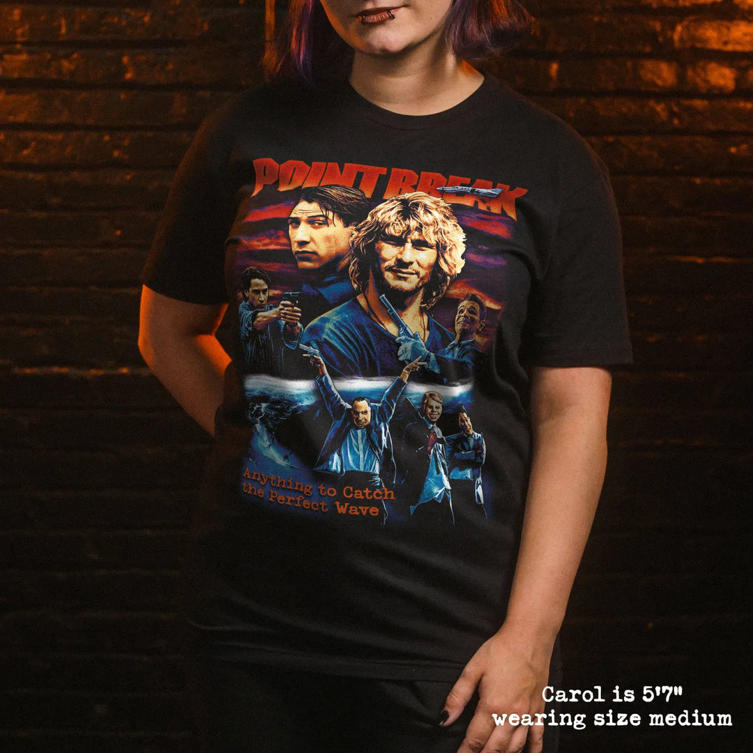 model wear soft premium tee with point break graphic
