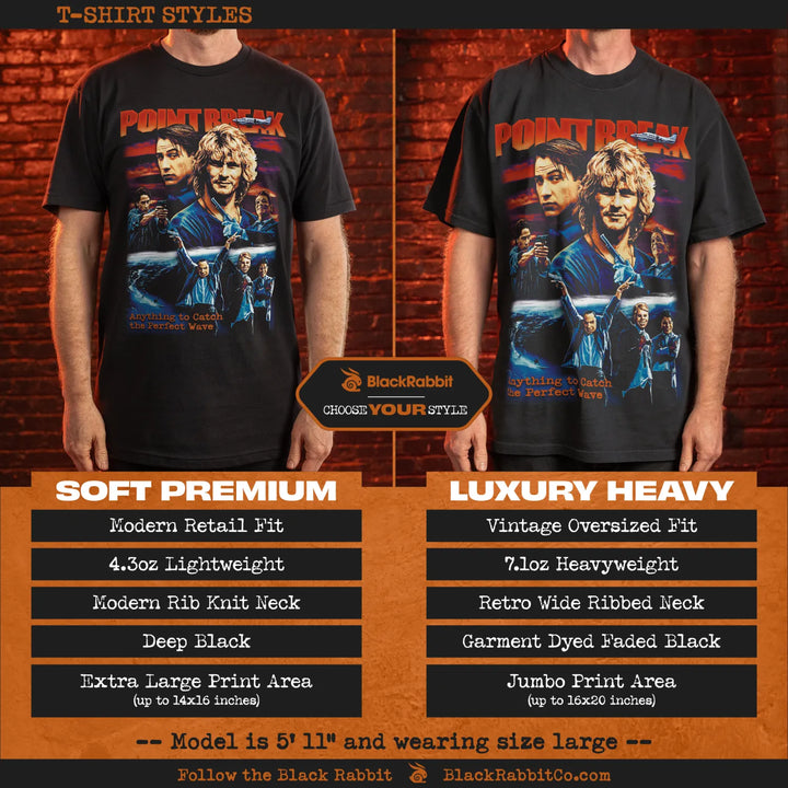A comparison of two black Point Break graphic t-shirts, one soft premium and one luxury heavy.