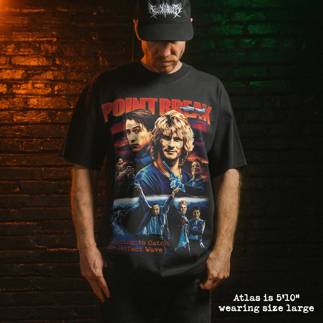 Model wearing heavy tee with point break graphic 