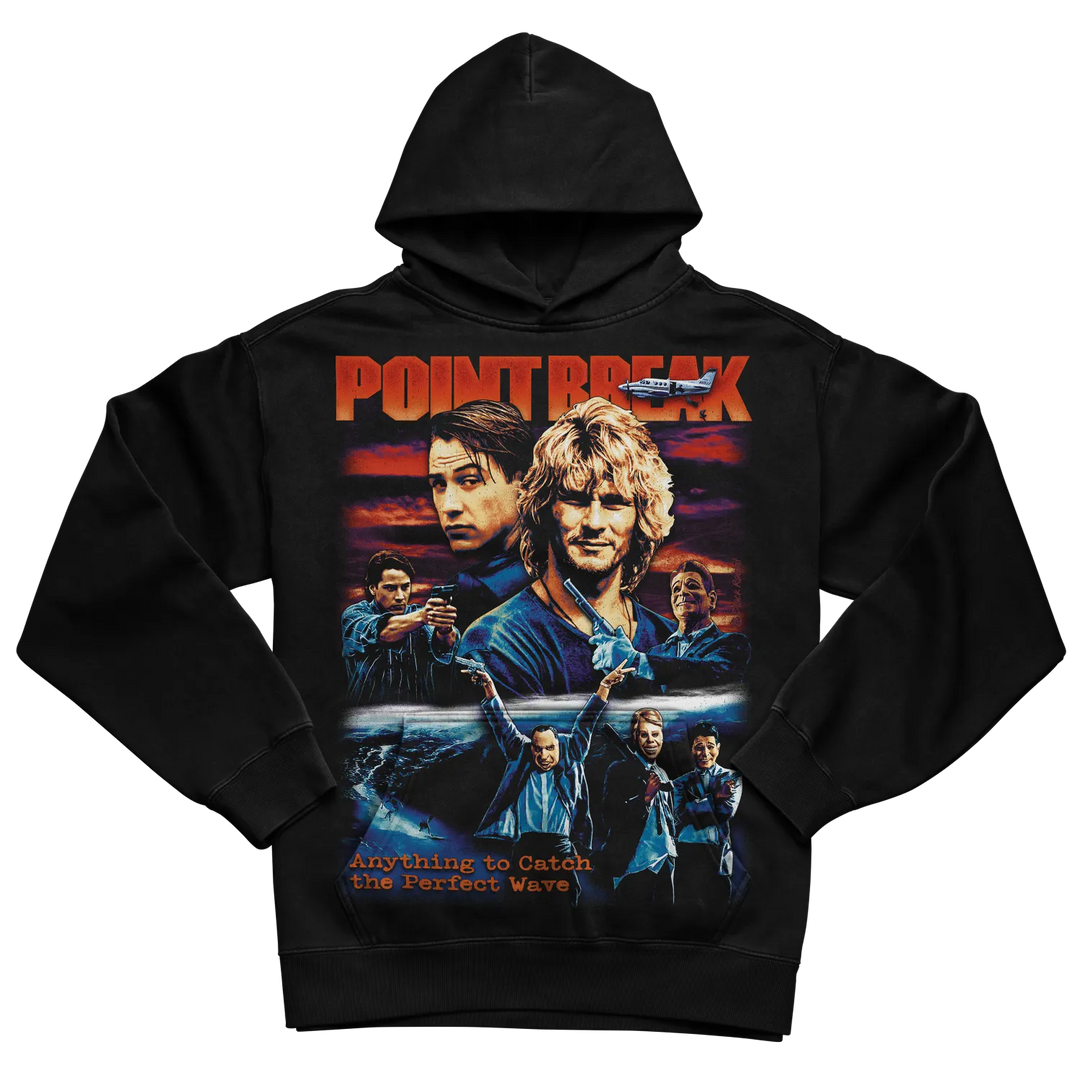 Black hooded sweatshirt with ’point break’ graphic design featuring two main characters and the tagline, made of cotton.