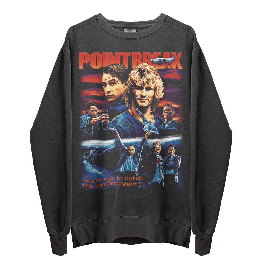 Dark gray long-sleeve sweatshirt with a vibrant ’Point Break’ movie poster graphic.