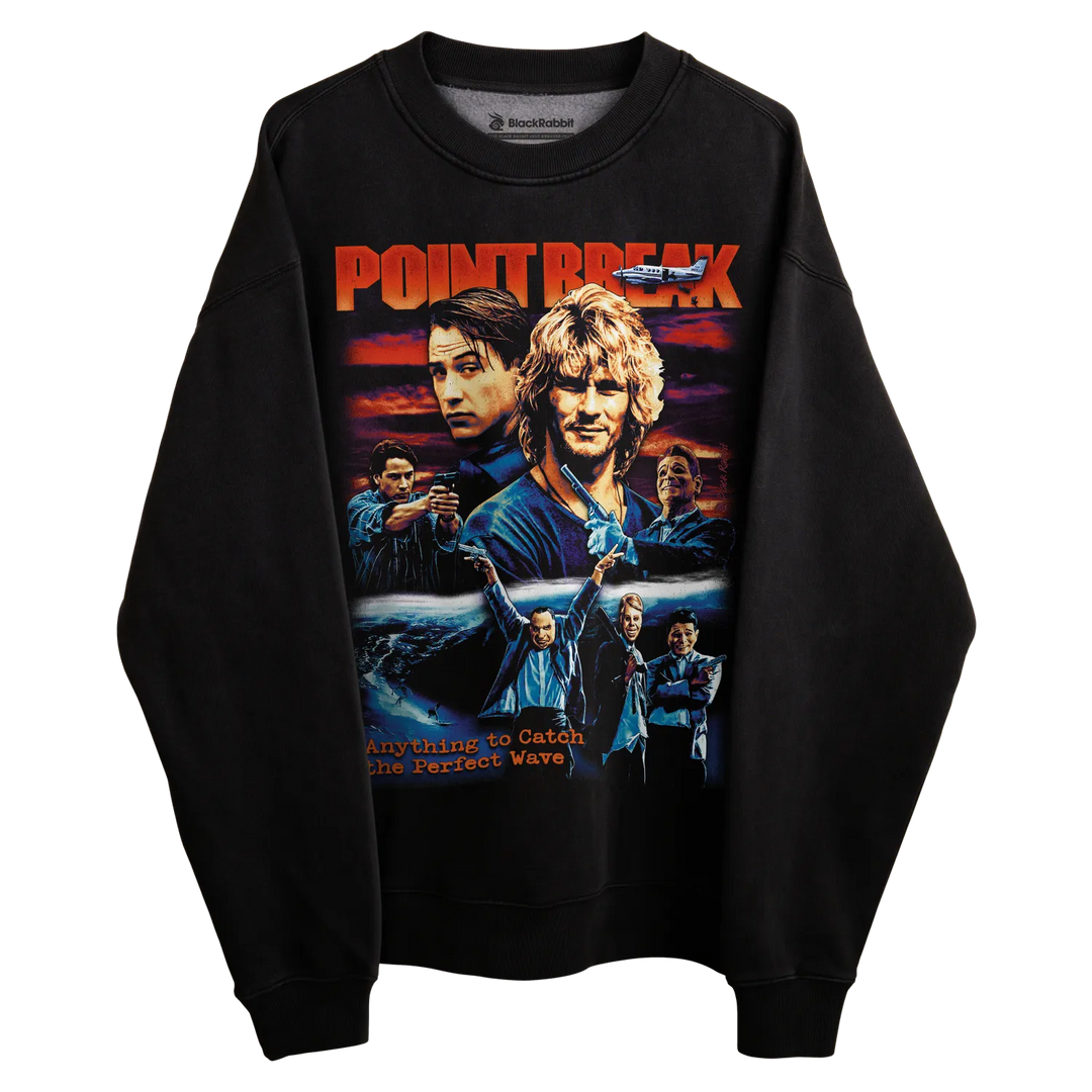 Black sweatshirt with ’point break’ movie poster design featuring actors and title text.