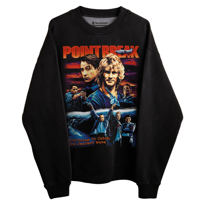 Black sweatshirt with ’point break’ movie poster design featuring actors and title text.