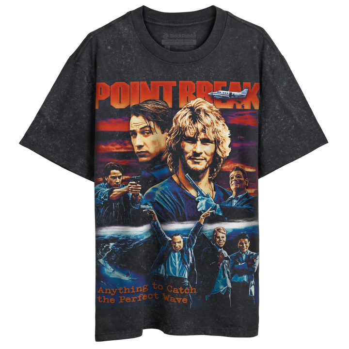 Dark gray graphic t-shirt with a ’Point Break’ movie poster design.