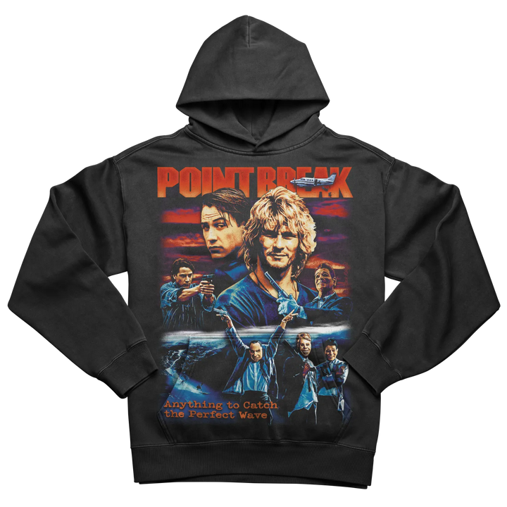 Black hooded sweatshirt with a ’Point Break’ movie poster graphic.