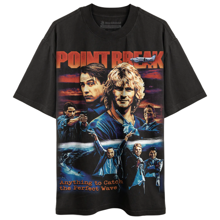 Black graphic t-shirt featuring a ’Point Break’ movie poster design.