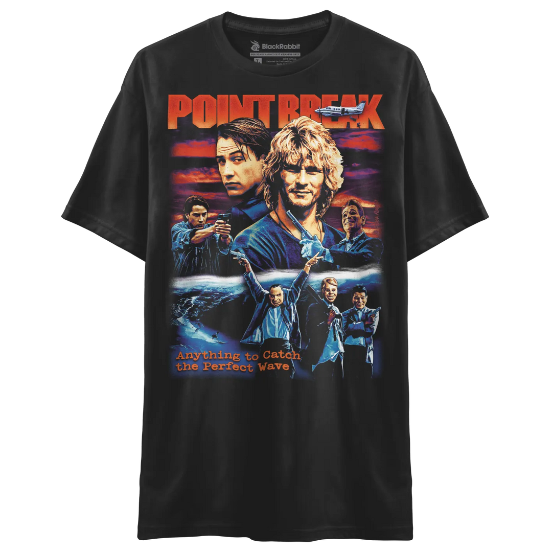 Black crew-neck t-shirt with a ’Point Break’ movie poster graphic.