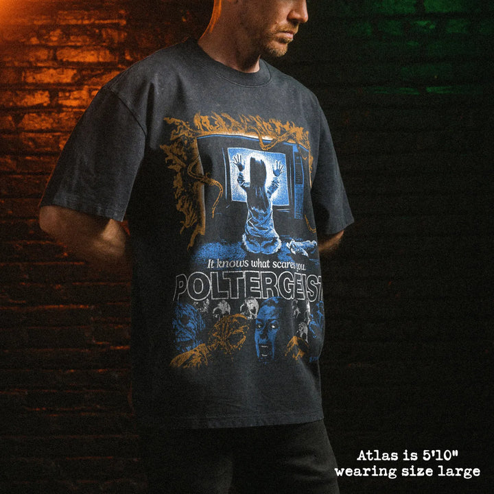 Male model wearing stone wash heavy tee with poltergeist graphic 