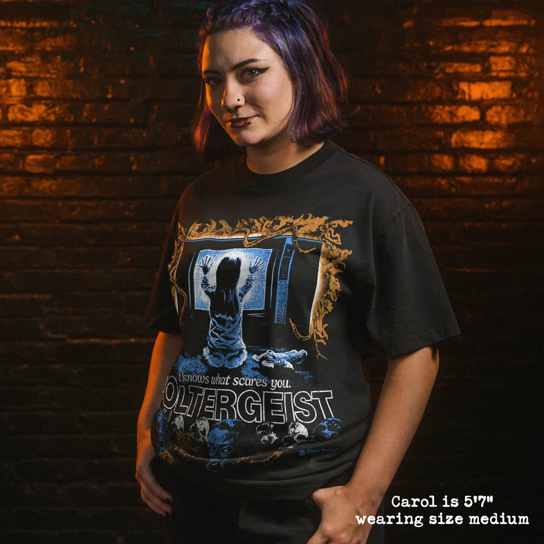 Model wearing heavy tee with poltergeist graphic 