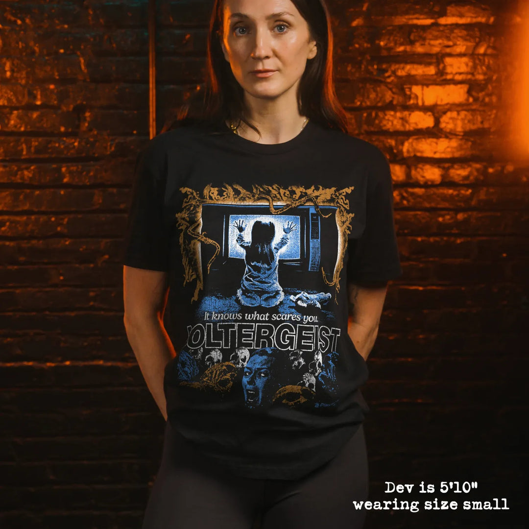 model wear soft premium tee with poltergeist graphic
