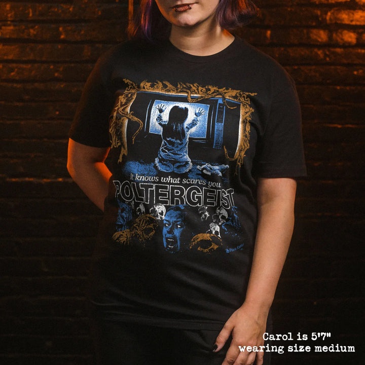 model wear soft premium tee with poltergeist graphic
