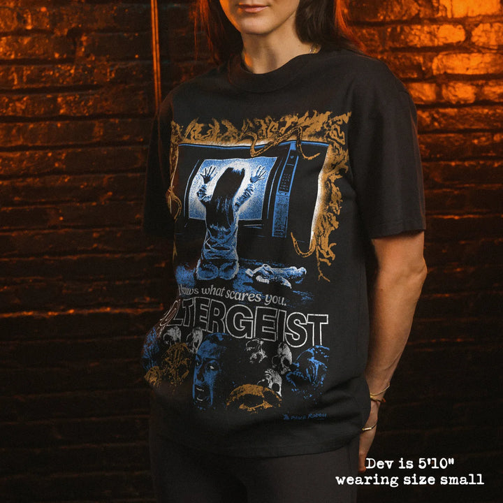 Model wearing heavy tee with poltergeist graphic 