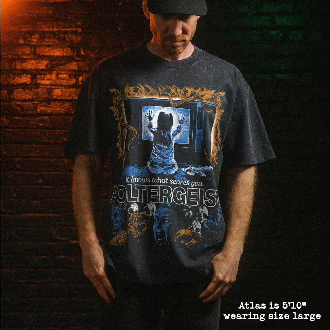 Male model wearing heavy stone washed tee with poltergeist graphic. 
