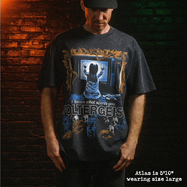 Male model wearing heavy stone washed tee with poltergeist graphic. 
