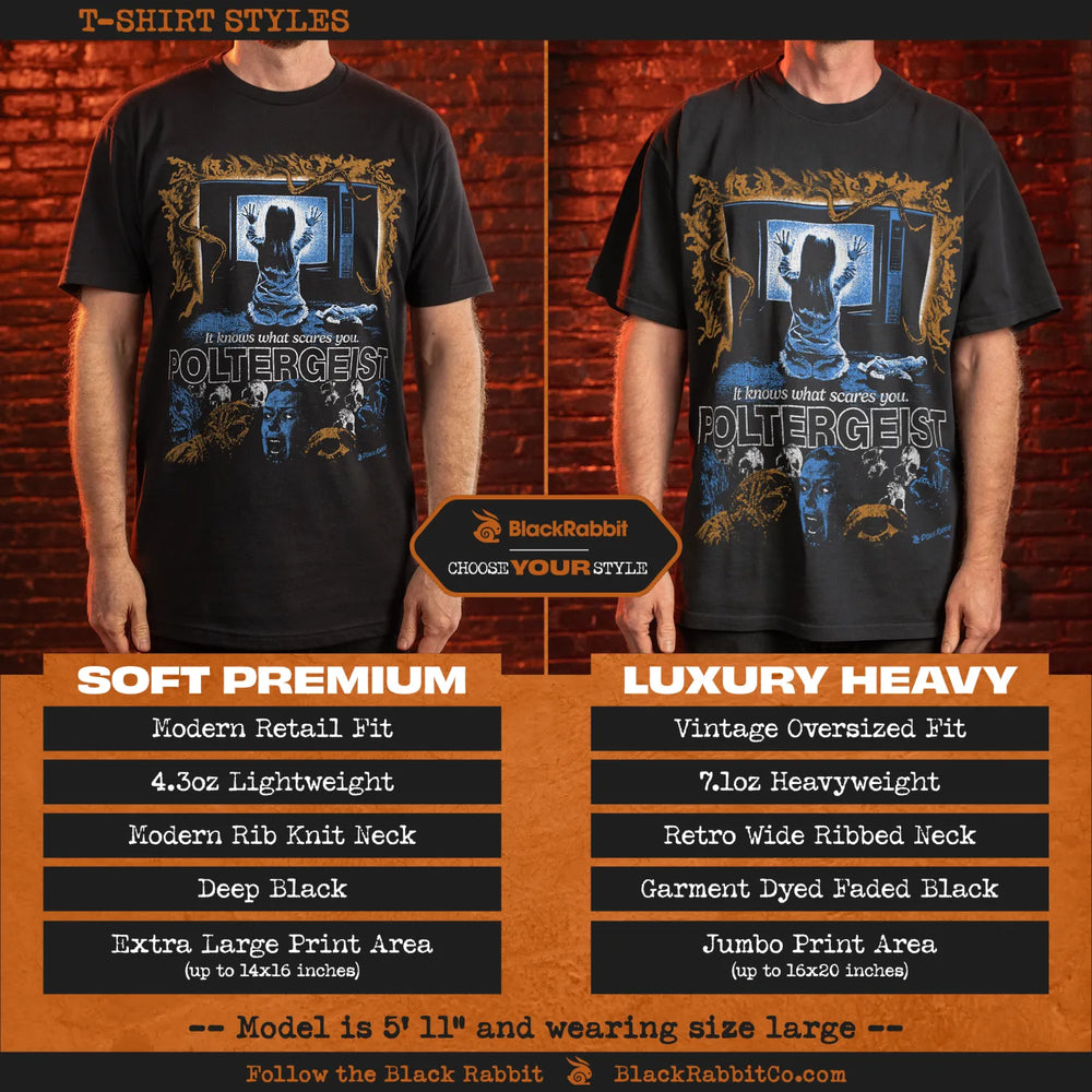 Two styles of black ’Poltergeist’ graphic t-shirts.