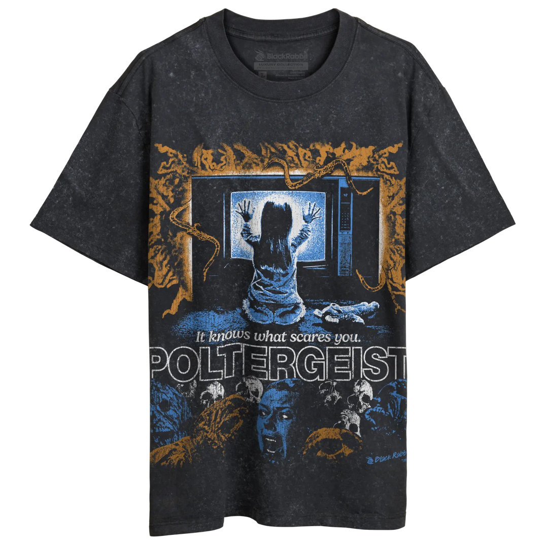 Charcoal gray t-shirt with a distressed graphic print of the Poltergeist movie poster.