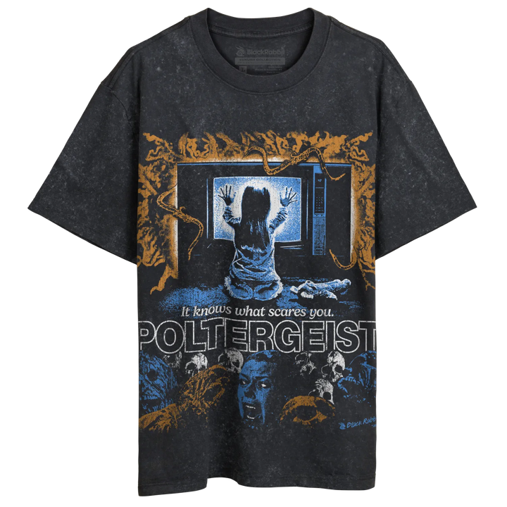 Charcoal gray t-shirt with a distressed graphic print of the Poltergeist movie poster.