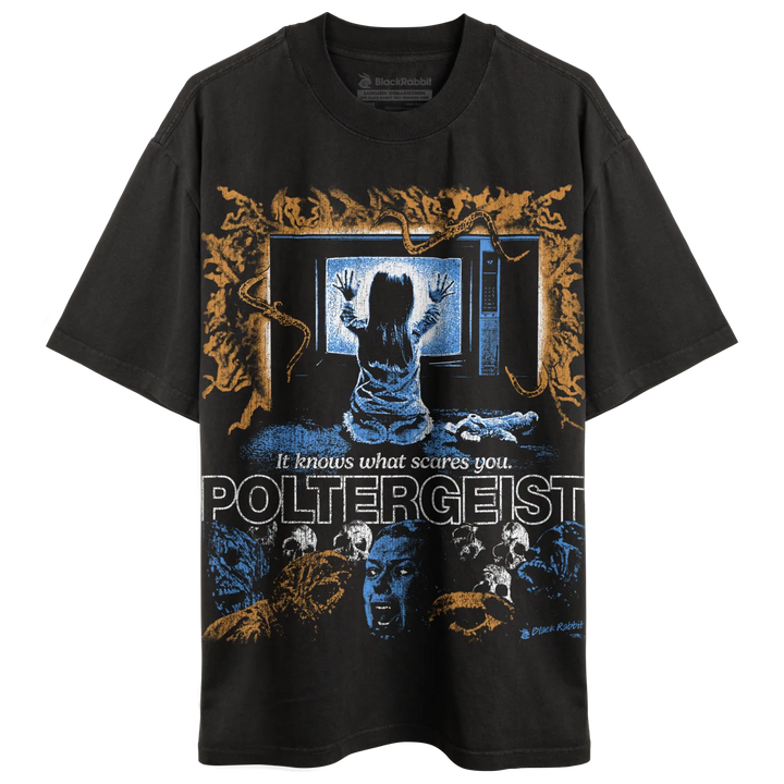Black graphic t-shirt with a horror movie design.