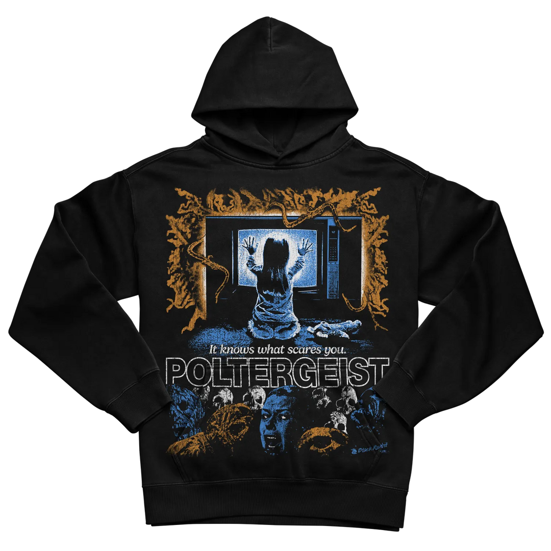 Black poltergeist hoodie with graphic design featuring a ghostly figure and text.