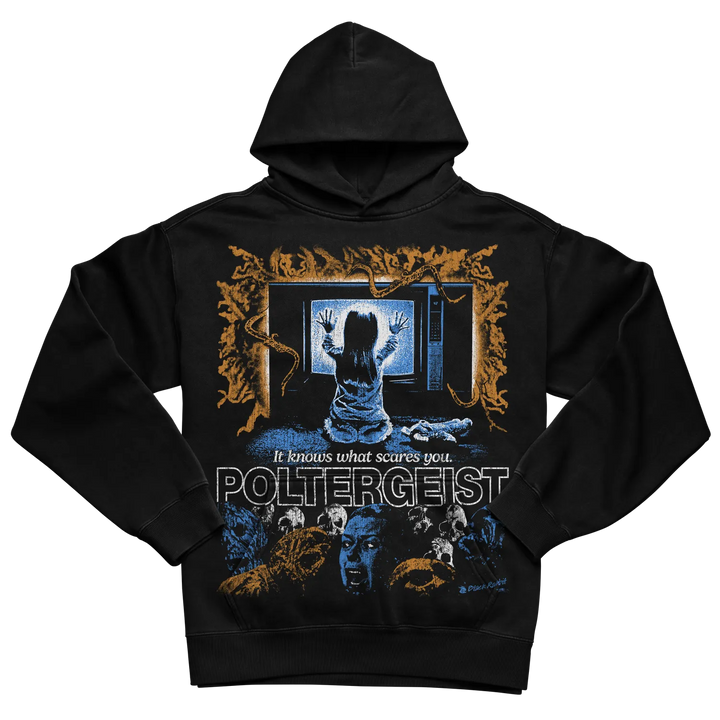 Black poltergeist hoodie with graphic design featuring a ghostly figure and text.